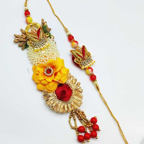 Cream Artificial Designer Beads Paired Rakhi