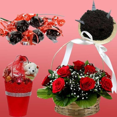 Red Roses Flower Bouquet Handmade Chocolate Basket Gift Combo