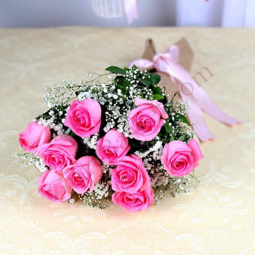 Pretty 10 Pink Roses Bunch