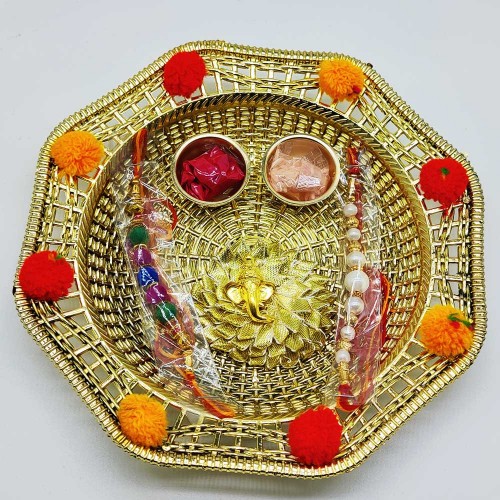 Floral Decorative Golden Pooja Thali with White Beaded Rakhi