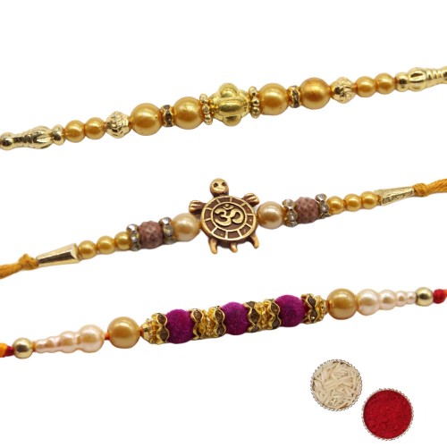 Golden Tortoise Purple Beads Center Piece Rakhi Set of 3
