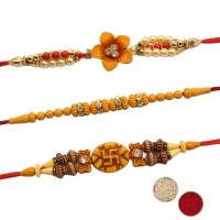 Designer Flower and Wooden Beads Rakhi Set of 3
