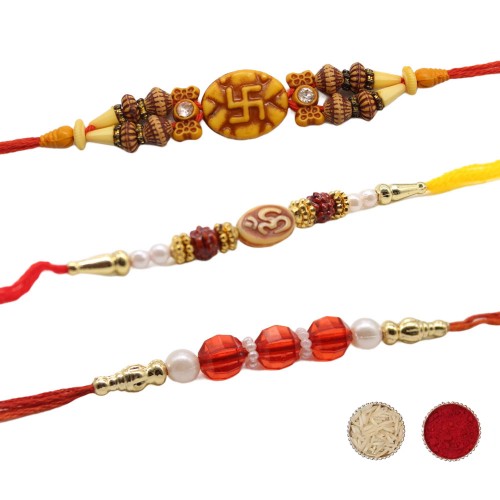 OM Wooden Red Beads Designer Rakhi Set of 3