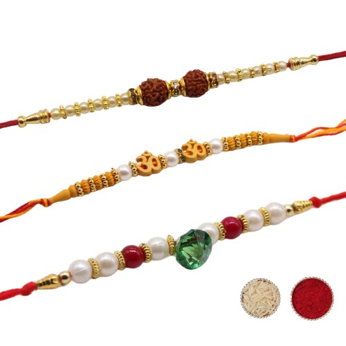 Rudraksha Green Center Piece Rakhi Set of 3