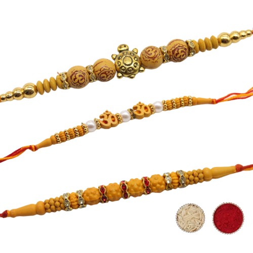 Golden Tortoise Wooden Beads Designer Rakhi Set of 3