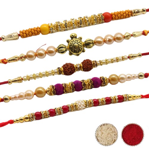 Rudraksha Diamond Beads Center Piece Rakhi Set of 5