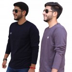 Navy Blue Dark Grey Round Neck Full Sleeve T-Shirt