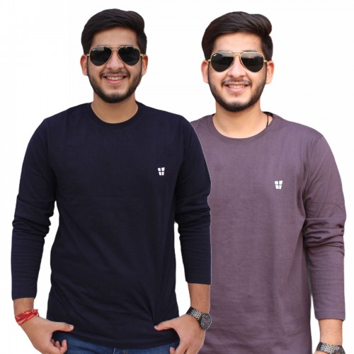 Navy Blue Dark Grey Round Neck Full Sleeve T-Shirt