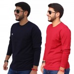 Navy Blue Red Round Neck Full Sleeve T-Shirt