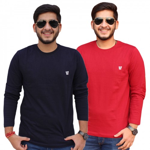 Navy Blue Red Round Neck Full Sleeve T-Shirt